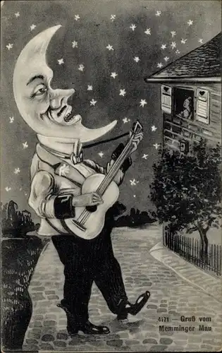 Ak Memmingen in Schwaben, Memminger Mau, Halbmond spielt Gitarre