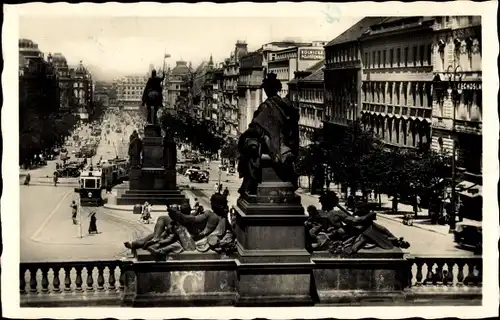 Ak Praha Prag Tschechien, Wenzelsplatz, Straßenbahn