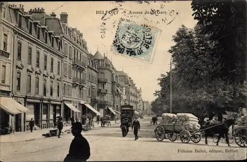 Ak Belfort Territoire de Belfort, Avenue de la Gare, Tramway, Pferdefuhrwerk