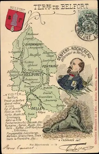 Landkarten Ak Territoire de Belfort, Denfert-Rocherau, Lion à Lagrange, Wappen