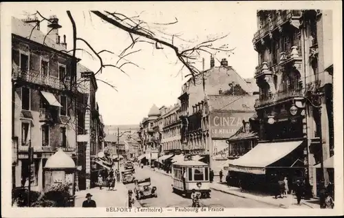 Ak Belfort Beffert Beffort Territoire de Belfort, Faubourg de France, Geschäfte, Tramway