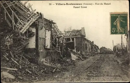 Ak Villers Bretonneux Somme, Rue du Hamel, Ruines, Kriegszerstörung I. WK