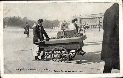 Ak Paris, Petits métiers parisiens, Marchand de marrons, Kastanienverkäufer