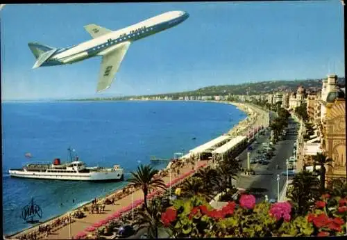 Ak Nice Nizza Alpes Maritimes, La Promenade des Anglais survolée par Caravelle, Passagierflugzeug