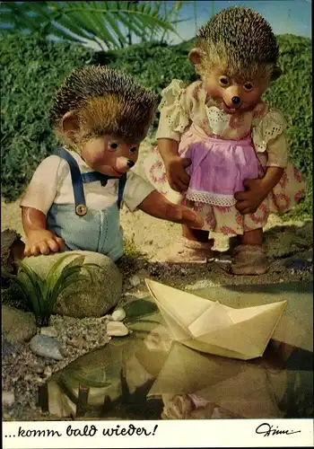 Ak Mecki der Igel mit Papierboot, komm bald wieder