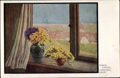 Künstler Ak Strich Chapell, Frühlingsgäste, Blumenvasen auf einer Fensterbank