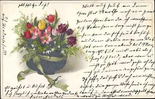 Ak Blumenvase mit Tulpen, Schneeglöckchen