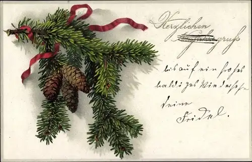 Ak Glückwunsch Neujahr, Tannenzweig mit Zapfen