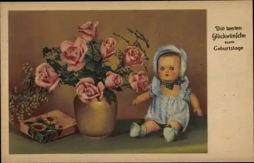Ak Glückwunsch Geburtstag, Blumenvase mit Rosen, Puppe