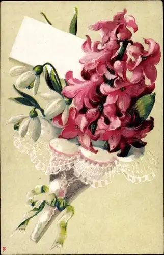 Präge Ak Blumenstrauß mit Schneeglöckchen, rosa Blüten