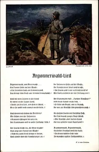 Lied Künstler Ak Broch, A., Argonnerwald Lied, deutscher Soldat mit Schaufel
