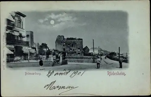 Mondschein Ak Rüdesheim am Rhein, Brömserburg bei Nacht