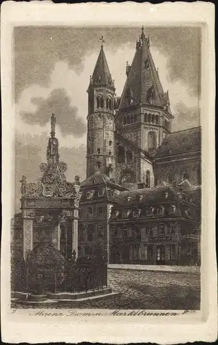 Künstler Ak Mainz am Rhein, Marktbrunnen am Dom