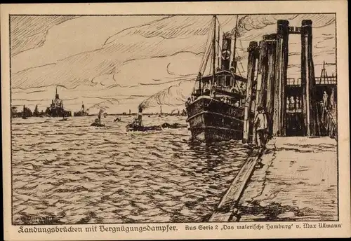 Künstler Ak Ullmann, Max, Hamburg Mitte St. Pauli, Landungsbrücken mit Vergnügungsdampfer