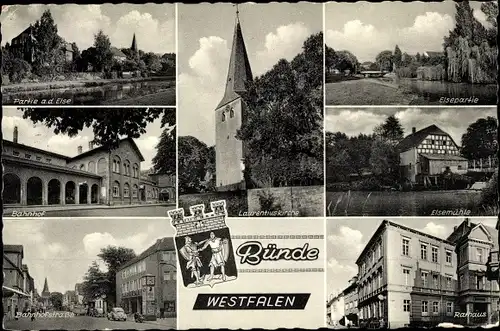 Ak Bünde im Kreis Herford, Ansichten, Laurentiuskirche, Elsepartie, Elsemühle, Rathaus, Bahnhof