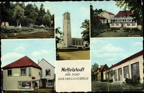 Ak Nettelstedt Lübbecke Westfalen, Kirche, Kinderheim, Schule, Hünenbrink, Gastwirtschaft Laden