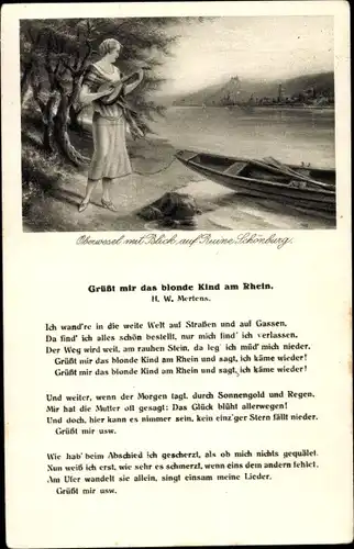 Lied Ak Oberwesel am Rhein, Grüßt mir das blonde Kind am Rhein, Ruine Schönburg, Frau mit Laute