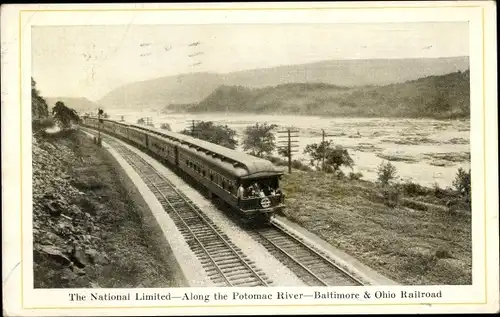 Ak Baltimore Maryland USA, The National Limited, Along the Potomac River, Amerikanische Eisenbahn