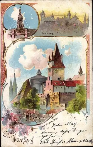 Litho Nürnberg in Mittelfranken, Burg, Frauentor, Tugendbrunnen
