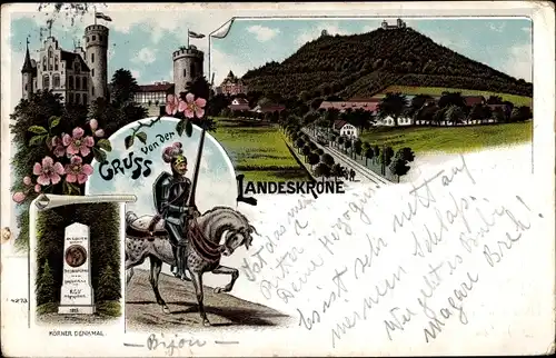 Litho Görlitz in der Lausitz, Kriegerdenkmal, Landeskrone, Reiter, Ritter, Körner Denkmal