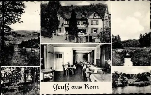 Ak Rom Morsbach im Oberbergischen Kreis, Gasthof Heinrich Klein, Außen u. Innenansicht, Uferpartie