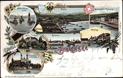 Litho Konstanz am Bodensee, Hafeneinfahrt Lindau, Bregenz, Meersburg, Friedrichshafen