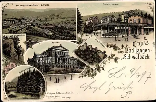 Litho Langenschwalbach Bad Schwalbach im Taunus, Stahlbrunnen, Kurhaus, Kurpark, Walzriese, Burg