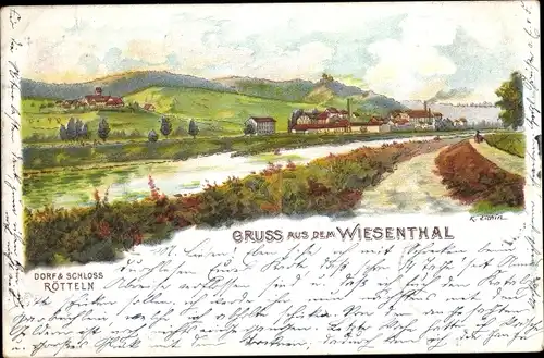 Litho Rötteln Haagen Lörrach in Baden, Dorf, Schloss