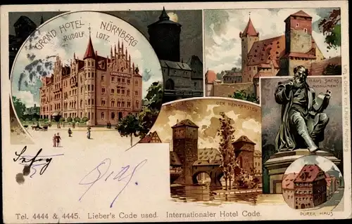 Litho Nürnberg in Mittelfranken Bayern, Grand Hotel, Henkersteg, Hans Sachs Monument, Dürerhaus