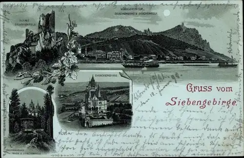 Mondschein Litho Königswinter am Rhein, Drachenfels, Drachenburg, Ruine