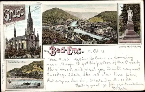 Litho Bad Ems an der Lahn, Neue kath. Kirche, Kursaal, Kurgarten, Kaiser Wilhelm Denkmal