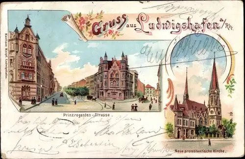 Litho Ludwigshafen am Rhein, Prinzregentenstraße, Neue protestantische Kirche