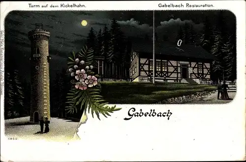 Mondschein Litho Gabelbach Ilmenau Thüringen, Turm auf dem Kickelhahn