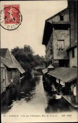 Ak Lisieux Calvados, Vue sur l'Orbiquet, Rue de Livarot