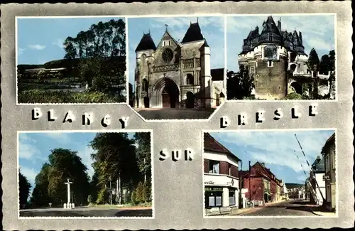 Ak Blangy sur Bresle Seine Maritime, Le poteau Maitre Jean, L'Eglise, Le Chateau, La Grande Rue