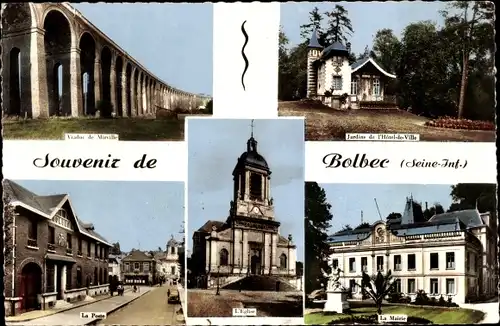 Ak Bolbec Seine Maritime, La Mairie, L'Eglise, Jardins de l'Hotel de Ville, Viaduc, La Poste