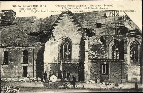 Ak Bouchoir Somme, Offensive Franco Anglaise, L'Eglise apres le terrible bombardement, 1. WK