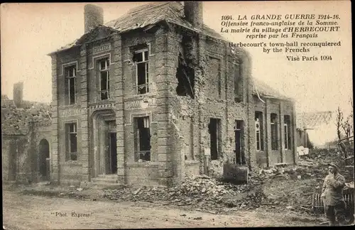 Ak Herbecourt Somme, Offensive Franco Anglaise, La mairie, ruines, Kriegszerstörung I. WK