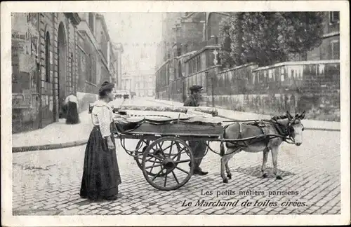 Ak Paris, Les petits métiers parisiens, Le Marchand de toiles cirées, Esel, Karren