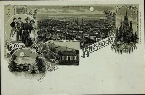 Mondschein Litho Wiesbaden in Hessen, Blick vom Neroberg, Kursaalplatz, Kapelle