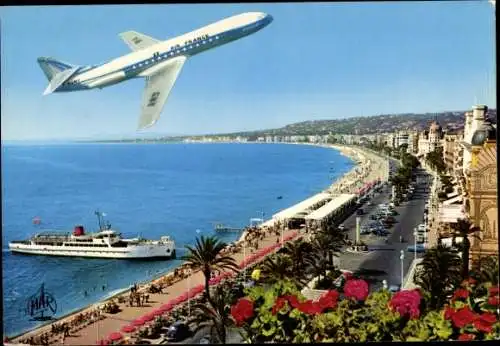 Ak Nice Nizza Alpes Maritimes, La Promenade des Anglais survolée par Caravelle, Passagierflugzeug