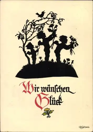 Scherenschnitt Künstler Ak Plischke, Georg, Glückwunsch, Engel mit Blumen