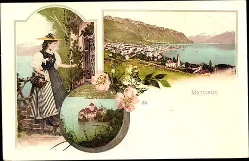 Ak Montreux Kanton Waadt Schweiz, Panorama, Frau in schweizerischer Tracht