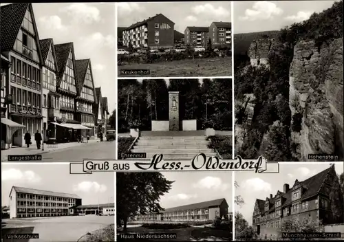 Ak Hessisch Oldendorf an der Weser, Lange Straße, Hohenstein, Ehrenmal, Keukenhof, Schloss