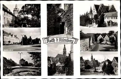 Ak Roth in Mittelfranken, Schlosshof,  Marktplatz, Kirche, Tor, Hilpoltsteiner Straße mitTeichanlage