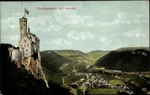 Ak Honau Lichtenstein in Baden Württemberg, Panorama mit Burg