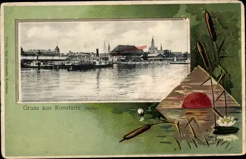 Passepartout Litho Konstanz am Bodensee, Hafenpartie,Sonnenuntergang, Röhricht, Seerose