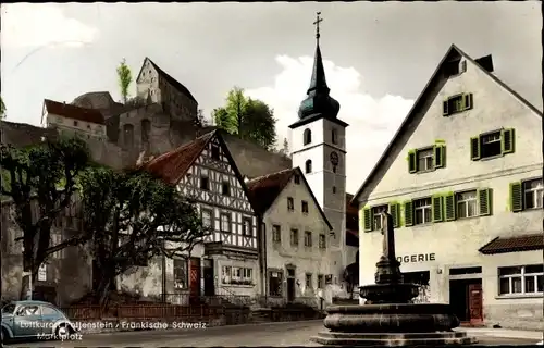 Ak Pottenstein in Oberfranken, Marktplatz, Drogerie, Brunnen, Gasthof