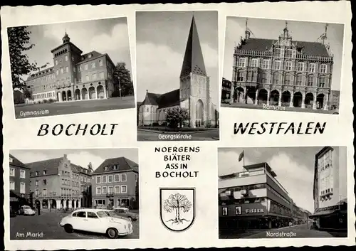 Ak Bocholt im Münsterland Gymnasium Georgskirche Rathaus Markt Nordstraße