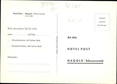 Ak Nagold im Kreis Calw Baden Württemberg, Hotel Post